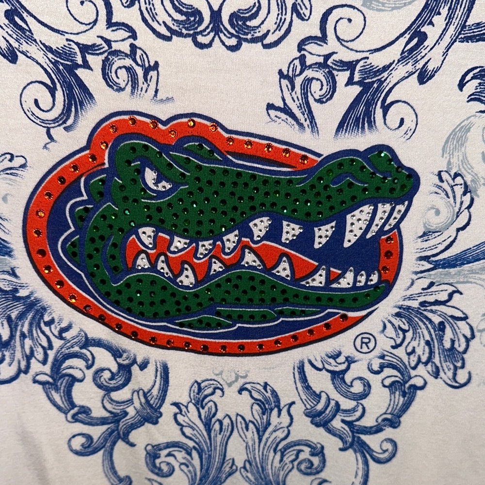 Women's Blue and White Graphic Florida Gators Football Rhinestone  Top